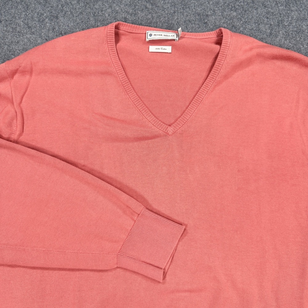 Peter Millar Mens XL V-Neck Sweater Salmon Pink 100% Cotton Knit Long Sleeve